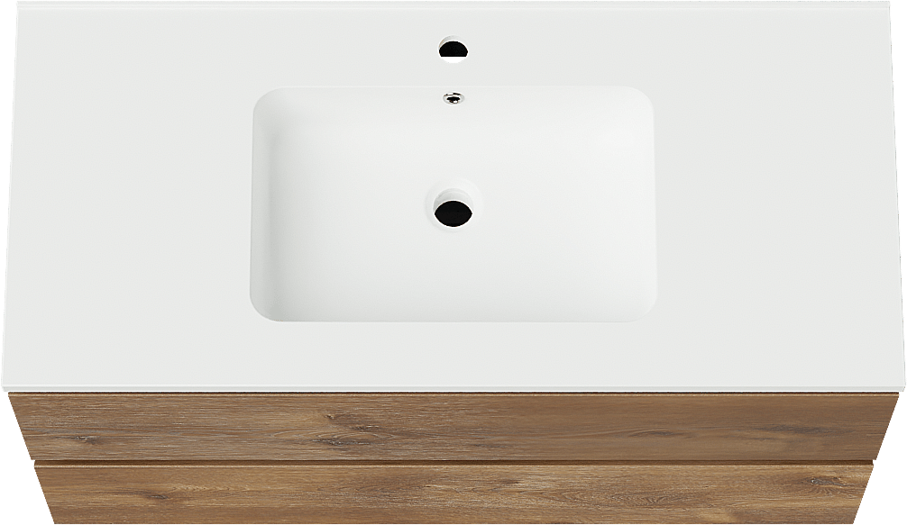 Linie Lado hängendes Möbelstück Set: 100 x 46 cm, Braune Eiche, mit Vano Einzelwaschtisch, Marmorkomposit Weiß matt