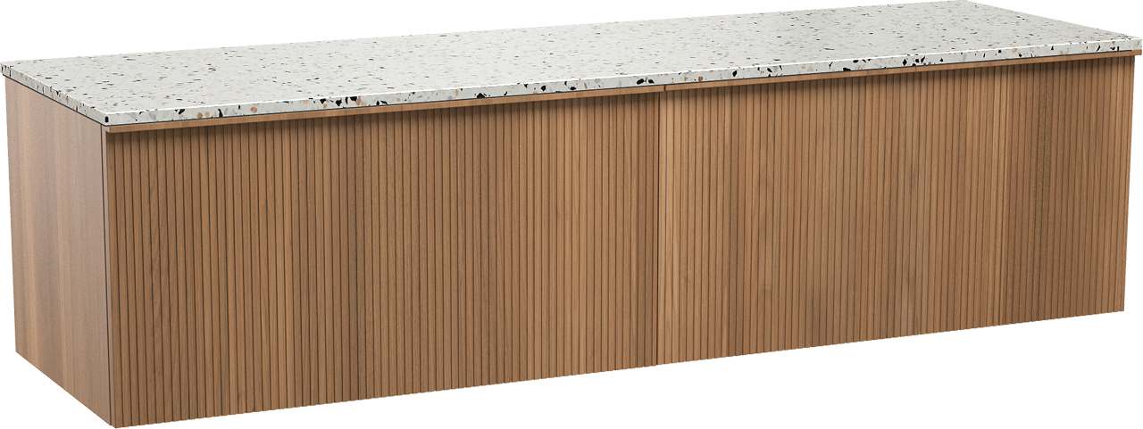 Balmani Forma zwevend badkamermeubel 180 x 55 cm teak met Stretto enkel of dubbel tablet in mat wit/zwart terrazzo, Verticale symmetrische rechte ribbel