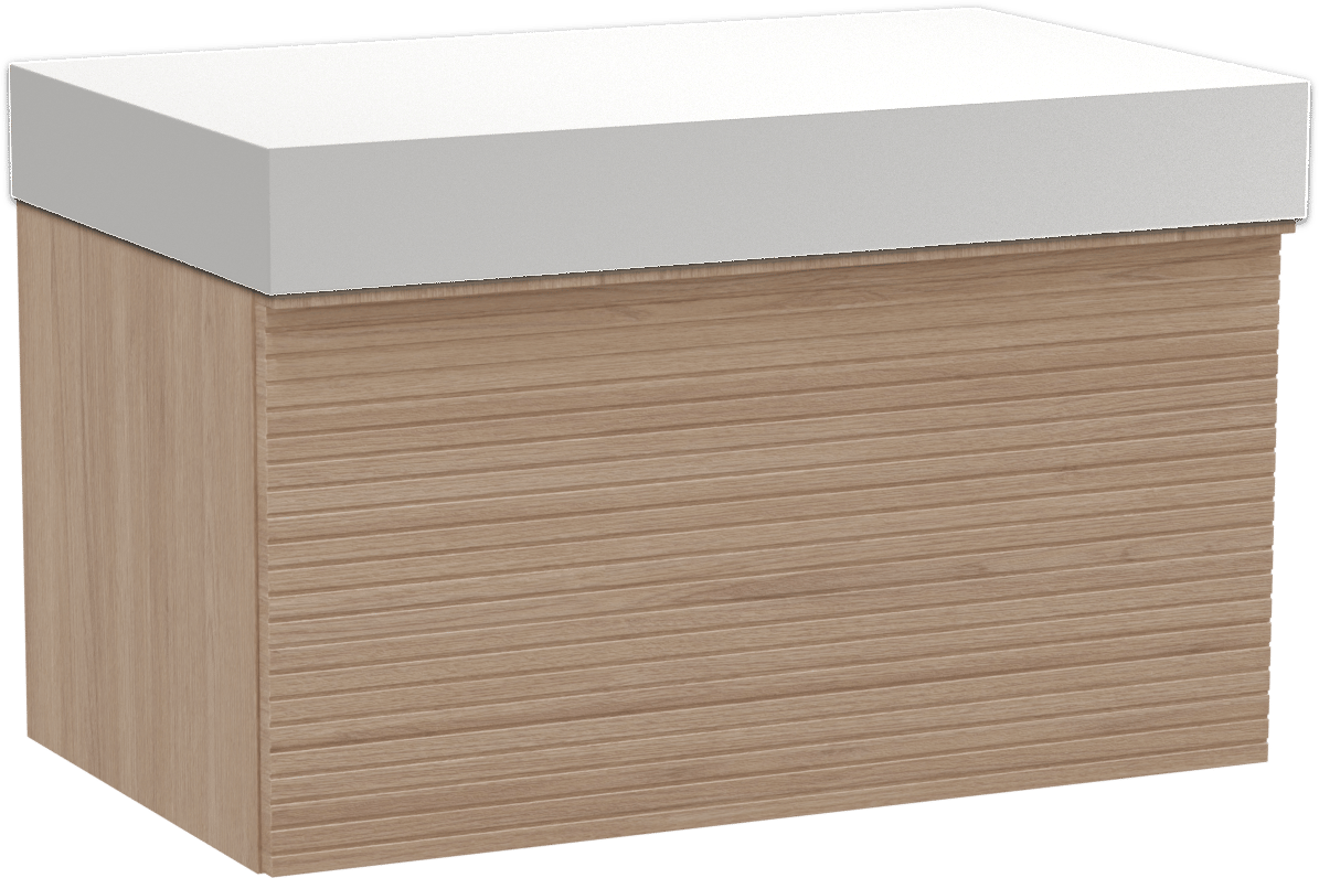 Balmani Forma meuble salle de bains suspendu 90 x 55 cm chêne naturel avec Dominus tablette simple en solid surface blanc mat, Nervure droite symétrique horizontale