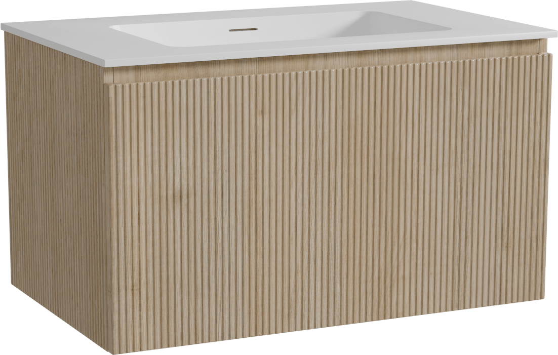 Storke Ribs zwevend badmeubel 85 x 52 cm ruw eiken met Mata enkele wastafel in solid surface mat wit, Verticale symmetrische rechte ribbel