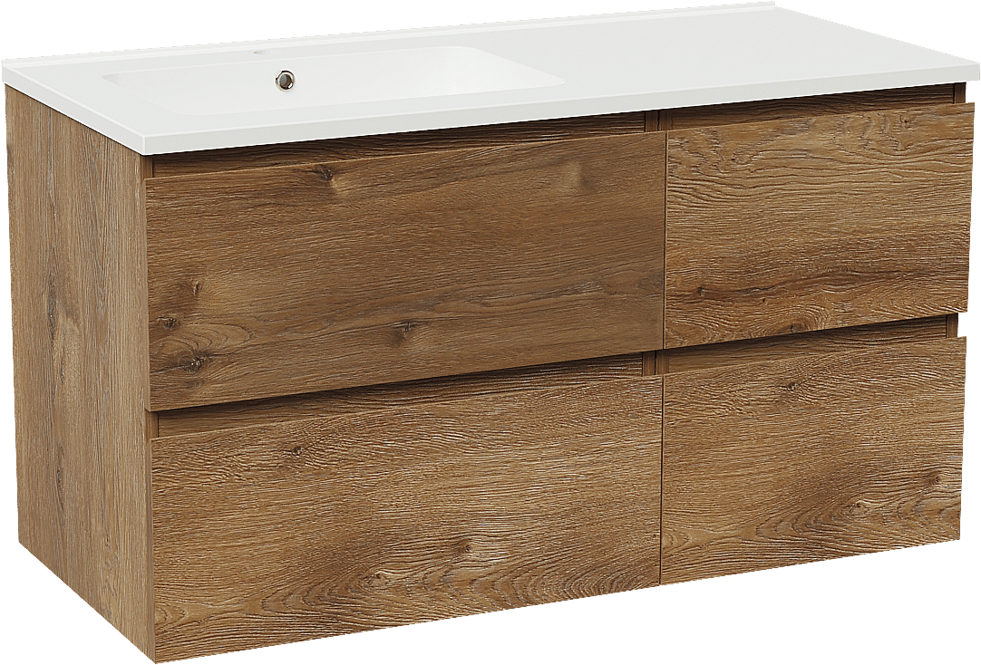 Linie Lado zwevend badmeubel 100 x 46 cm bruin eiken met Vano asymmetrisch linkse wastafel in composietmarmer hoogglans wit