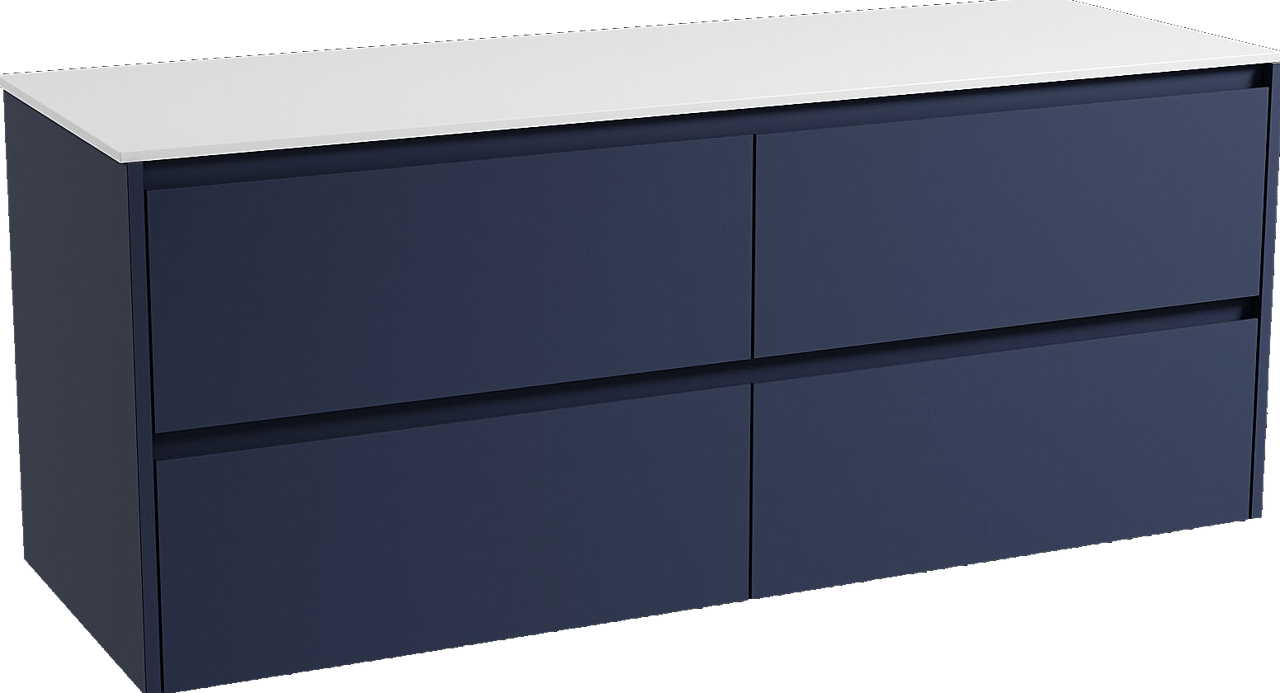 Storke Seda meuble salle de bains suspendu 150 x 52 cm bleu nuit avec Tavola tablette simple ou double en solid surface blanc mat