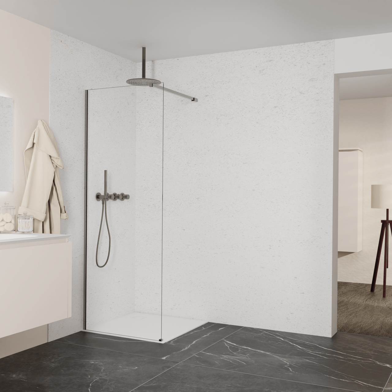 Balmani Modular douche à l'italienne: 80 x 200 cm, Verre extra transparent, avec coating, Profil Brushed GunMetal