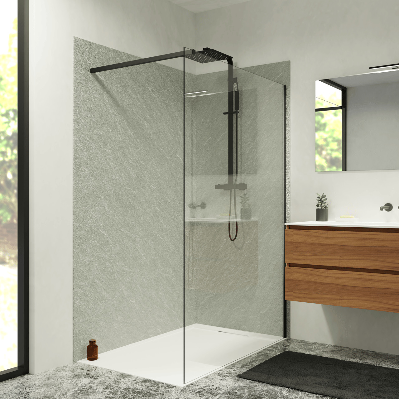Balmani Zeno set douchewandbekleding 120 x 80 x 220 cm composietmarmer lichtgrijs leisteenstructuur
