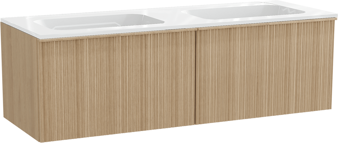 Balmani Forma zwevend badmeubel 150 x 55 cm naturel eiken met Tablo Strada dubbele wastafel in composietmarmer hoogglans wit, Verticale asymmetrische ronde ribbel