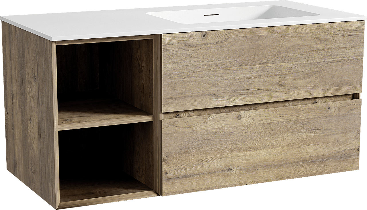 Storke Edge meuble salle de bains suspendu 110 x 52 cm chêne brut avec Mata plan vasque asymétrique à droite en solid surface blanc mat