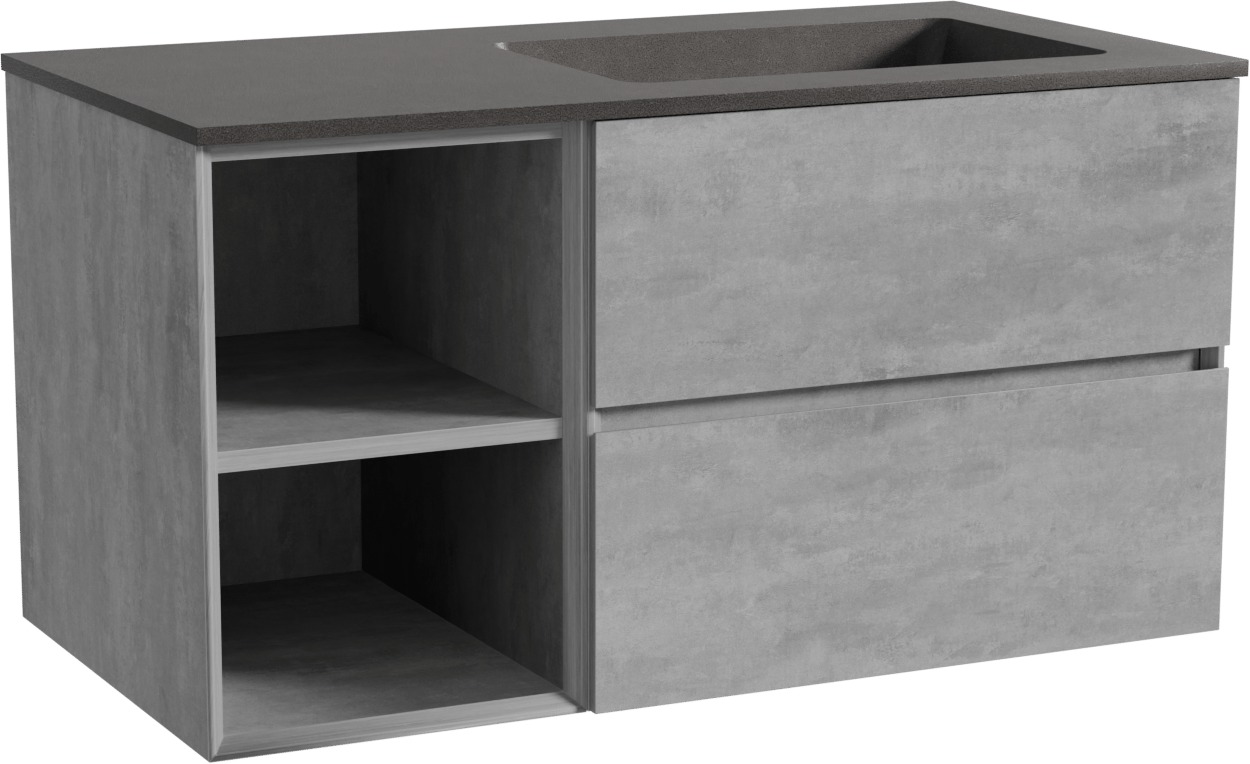 Storke Edge meuble salle de bains suspendu 100 x 52 cm béton gris foncé avec Scuro plan vasque asymétrique à droite en quartz noir mat