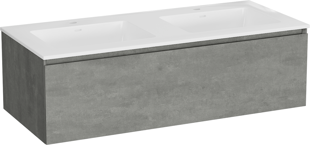 Storke Edge meuble salle de bains suspendu 120 x 52 cm béton gris foncé avec Bilia double vasque en marbre composite blanc brillant