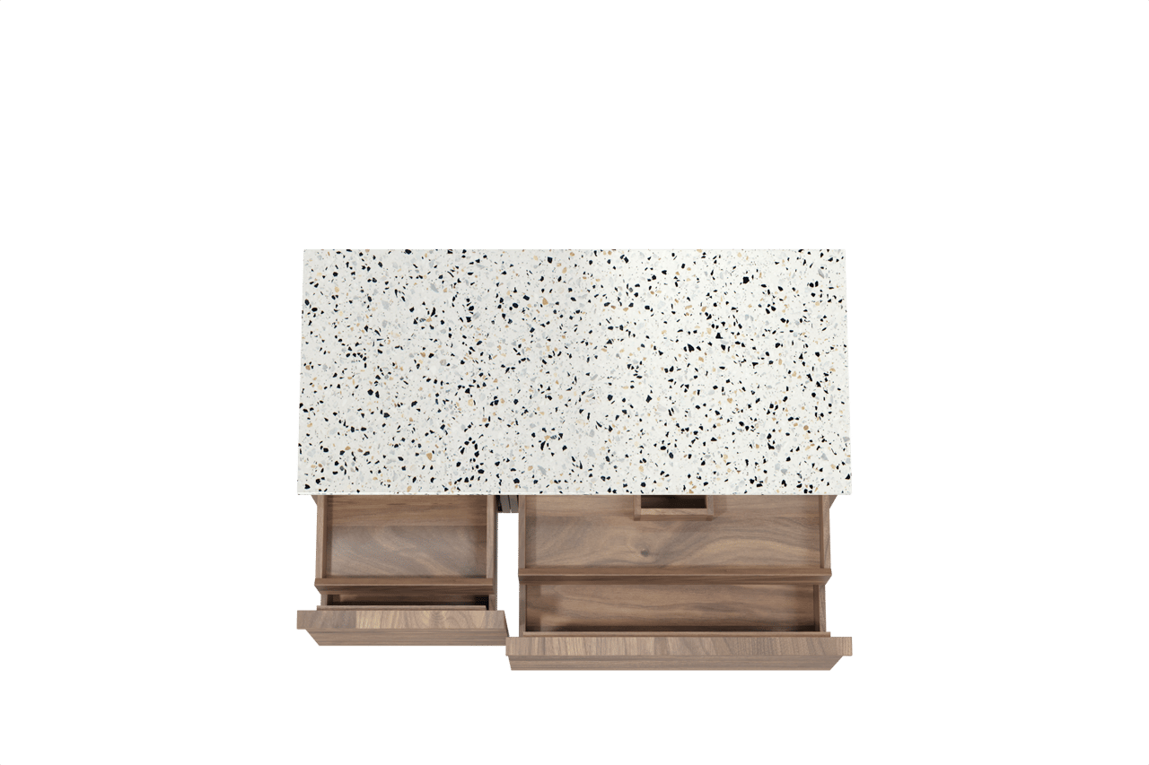 Balmani Forma zwevend badkamermeubel 120 x 55 cm amerikaanse notelaar met Stretto enkel of dubbel tablet in mat wit/zwart terrazzo, Horizontale symmetrische rechte ribbel