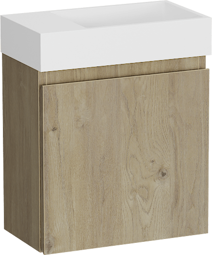 Storke Square zwevend toiletmeubel 40 x 22 cm Ruwe eik met Fada wastafel in mat witte Solid Surface
