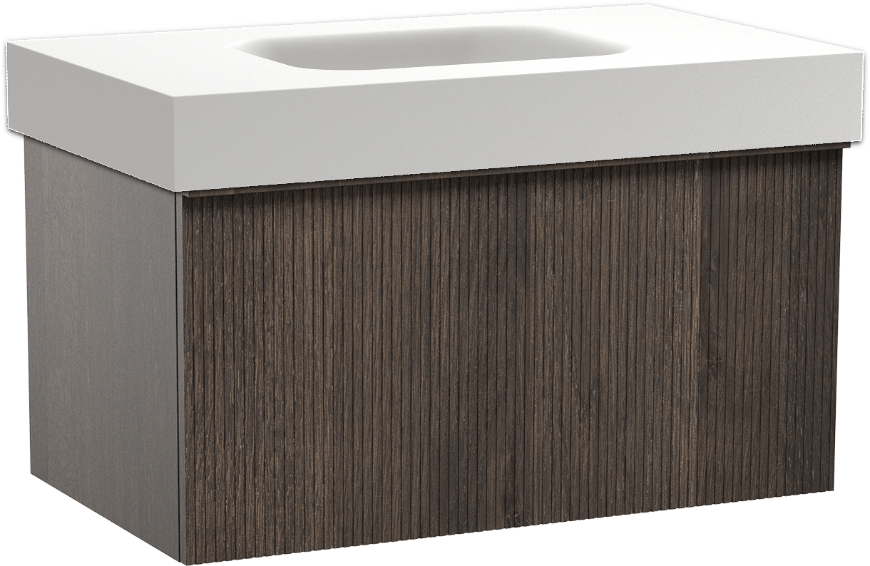 Balmani Forma zwevend badkamermeubel 90 x 55 cm gerookte eik met Arcato enkele wastafel in solid surface mat wit, Verticale symmetrische rechte ribbel