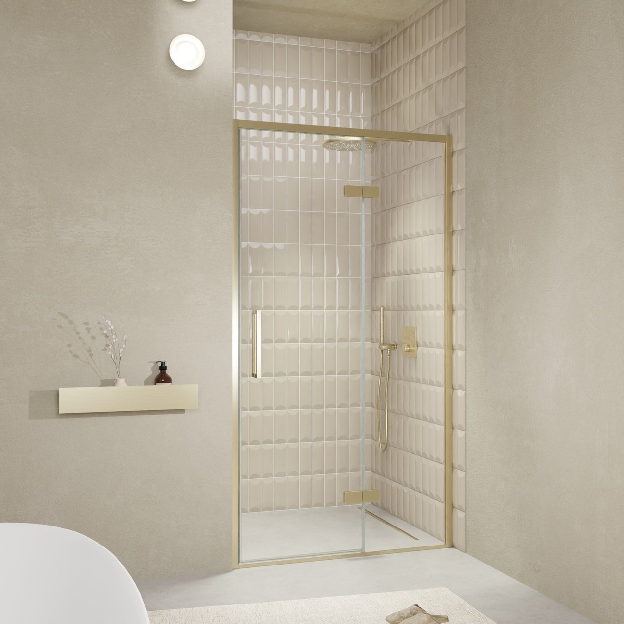 Balmani Senses Design Dusche Drehtür, Rechts, 120 cm x 210 cm, Klarglas, Profil Brushed Champagner Gold