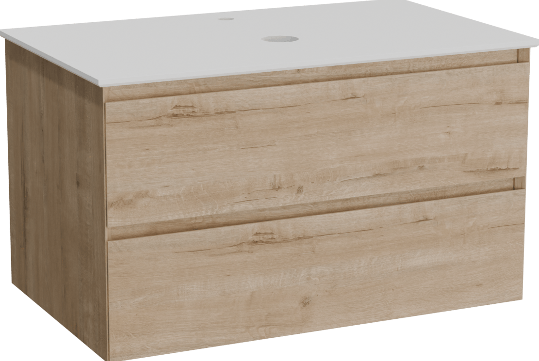 Balmani Mitra meuble salle de bains suspendu 90 x 55 cm chêne brut avec Facetta tablette simple en solid surface blanc mat