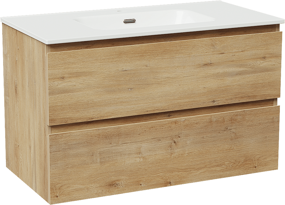 Linie Lado zwevend badkamermeubel 90 x 46 cm natuur eik met Baro enkele wastafel in porselein glanzend wit