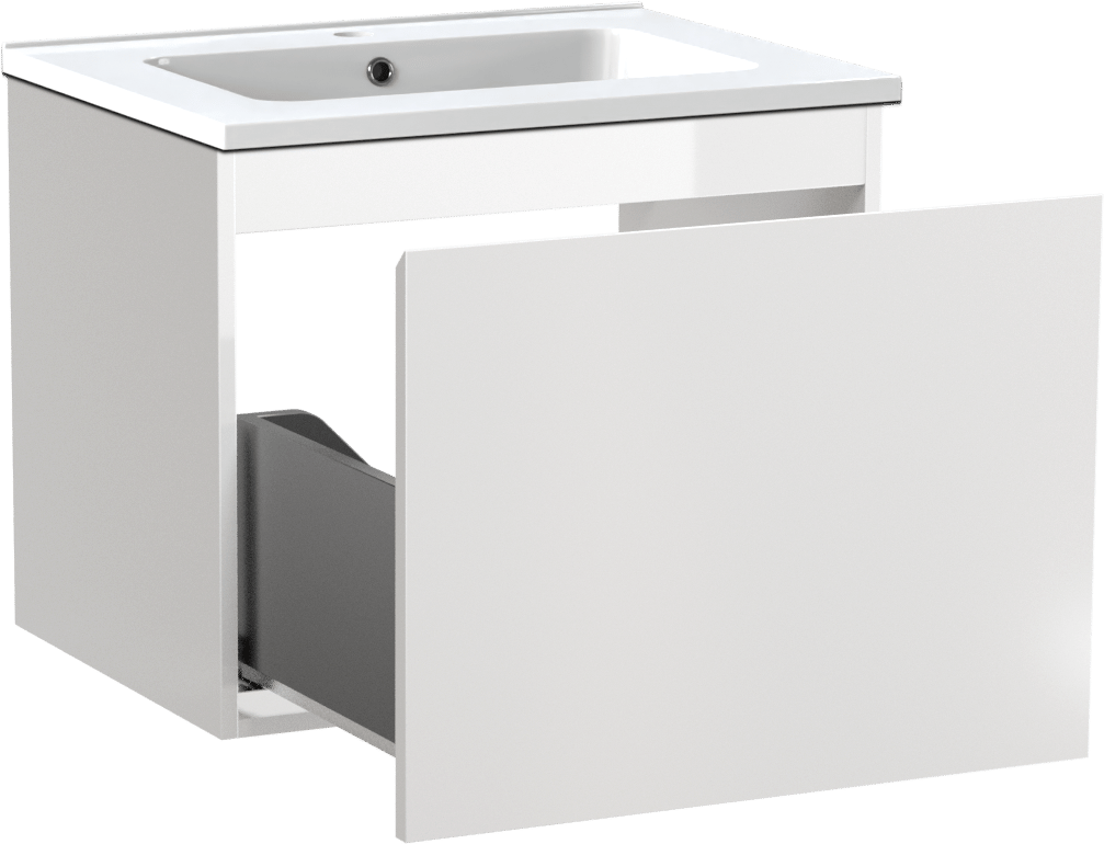 Linie Lado meuble salle de bains suspendu 60 x 46 cm blanc brillant avec Vano plan simple en marbre composite blanc brillant