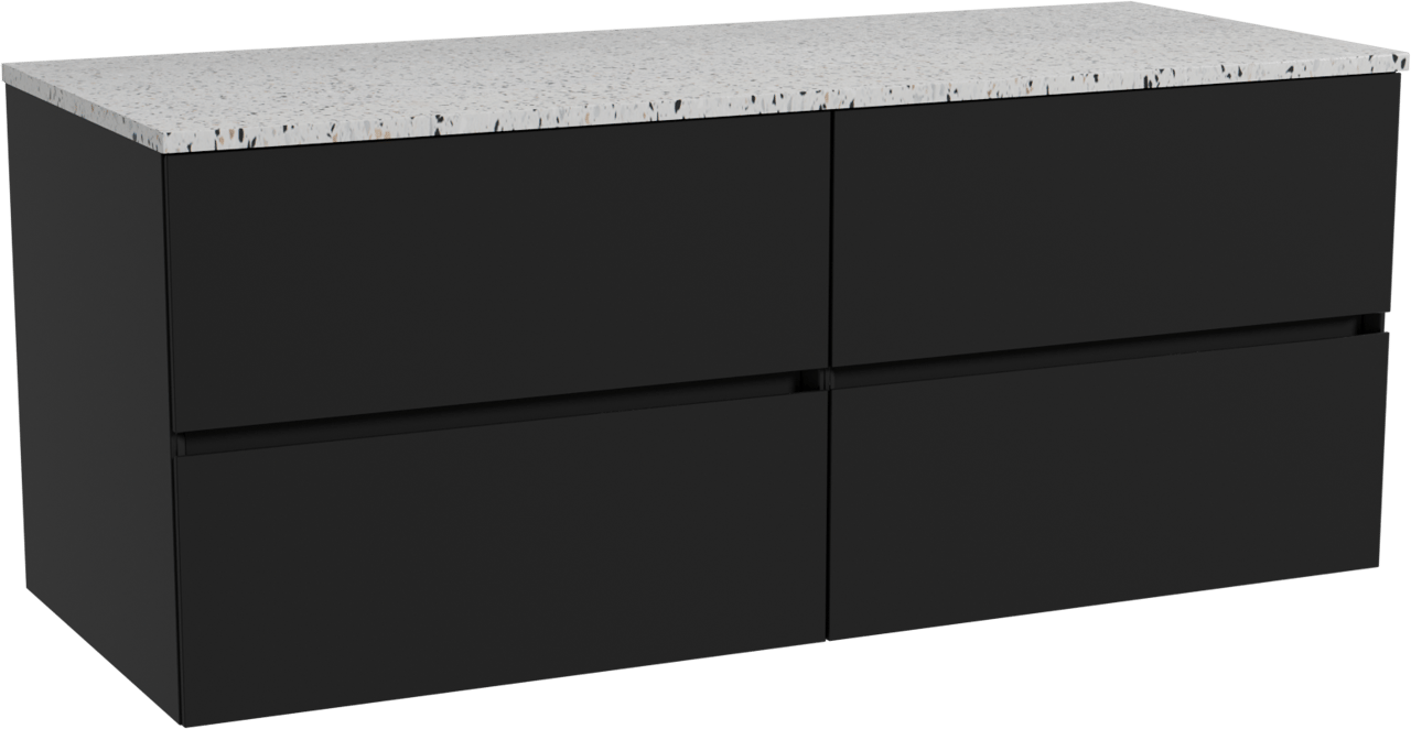 Storke Edge zwevend badkamermeubel 130 x 52 cm mat zwart met Tavola enkel of dubbel tablet in mat wit/zwart terrazzo