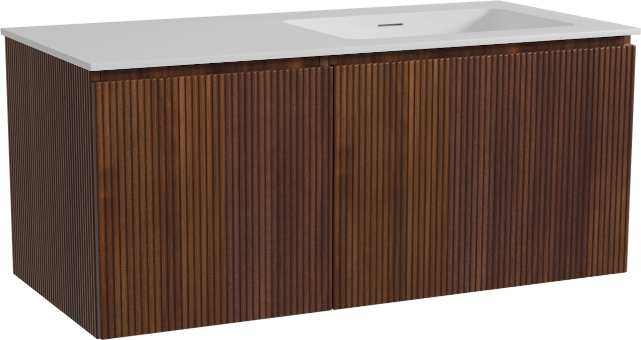 Storke Ribs zwevend badmeubel 110 x 52 cm notenhout met Mata asymmetrisch rechtse wastafel in solid surface mat wit, Verticale symmetrische rechte ribbel