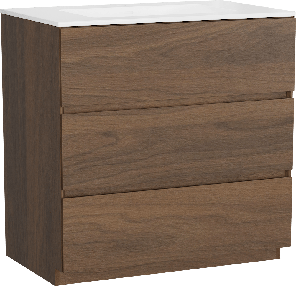 Storke Edge freistehendes Möbelstück Set: 85 x 52 cm, Nussbaum, mit Bilia Einzelwaschtisch, Marmorkomposit Weiß glänzend