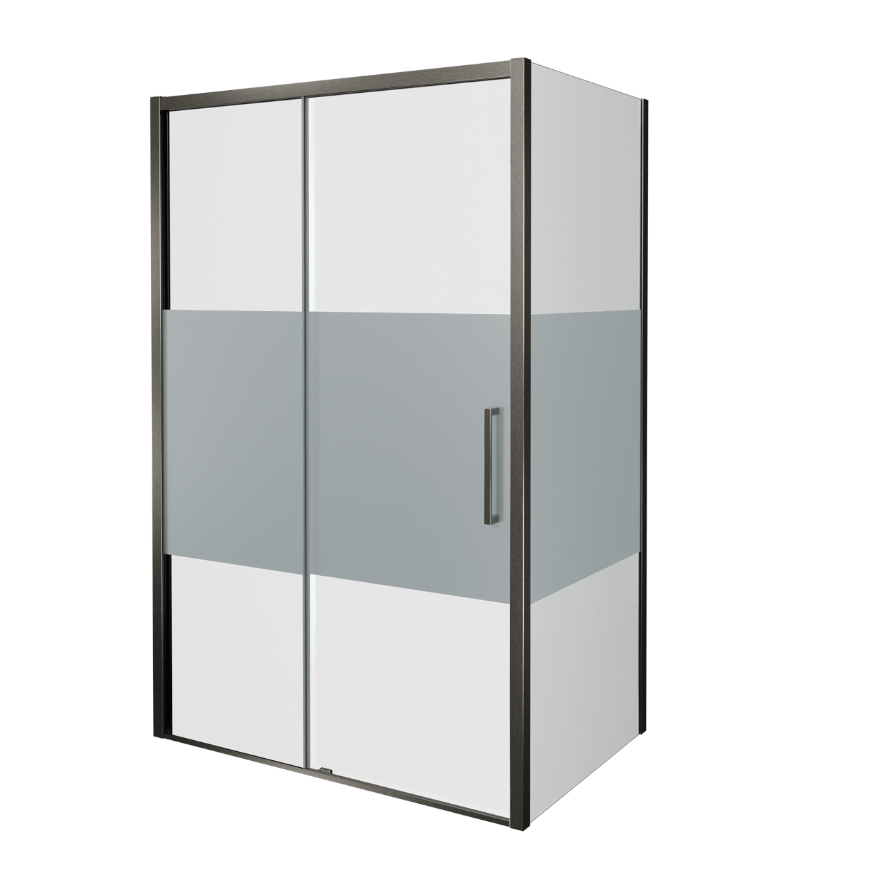 Balmani Senses Design Eckdusche: Schiebetür (Links) mit fixierte Seitenwand, 140 x 90 cm, Klarglas mit mattiertem Streifen, Profil Brushed GunMetal