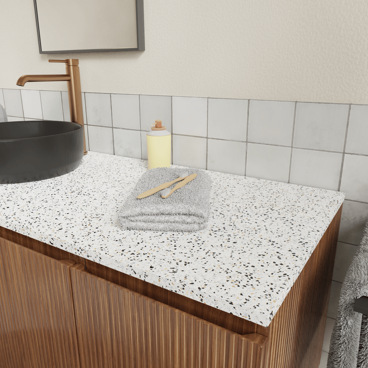 Storke Tavola Einzel- oder Doppel Waschtischplatte Weiß/Schwarz Terrazzo Matt 130 x 52 cm