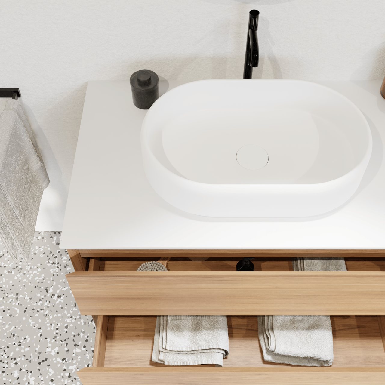 Balmani Mitra zwevend badkamermeubel 90 x 55 cm teak met Stretto enkel tablet in solid surface mat wit