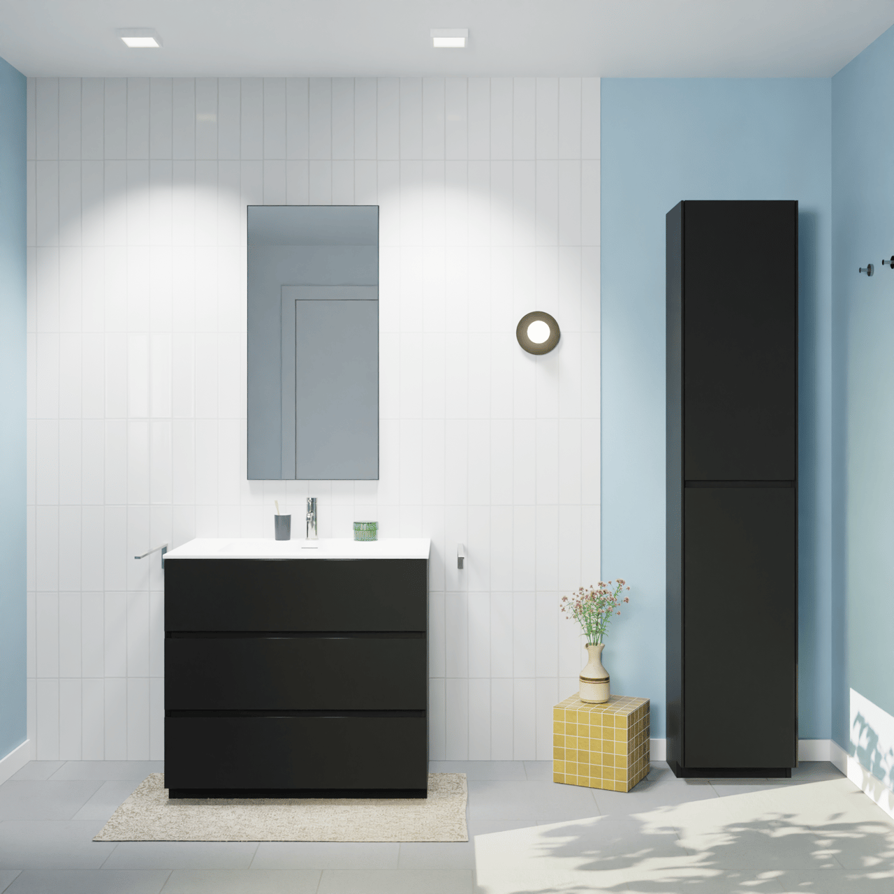 Storke Edge meuble salle de bains à poser 85 x 52 cm noir mat avec Mata plan simple en solid surface blanc mat
