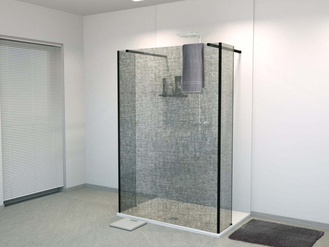 Balmani BMSS Walk-In-Dusche mit freistehender Wand und fixiertem Paneel 120 x 200 cm, Leinen schwarz Glas , Profil schwarz matt