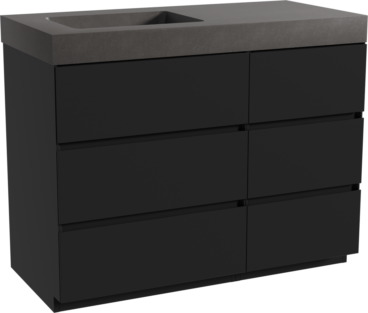 Storke Edge staand badkamermeubel 110 x 52 cm mat zwart met Scuro High asymmetrisch linkse wastafel in kwarts mat zwart