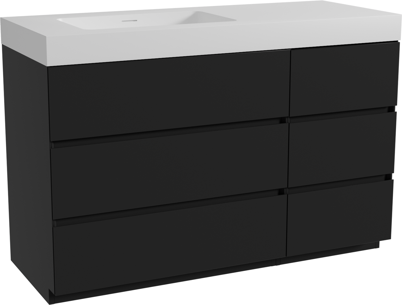 Storke Edge staand badmeubel 130 x 52 cm mat zwart met Mata High asymmetrisch linkse wastafel in solid surface mat wit