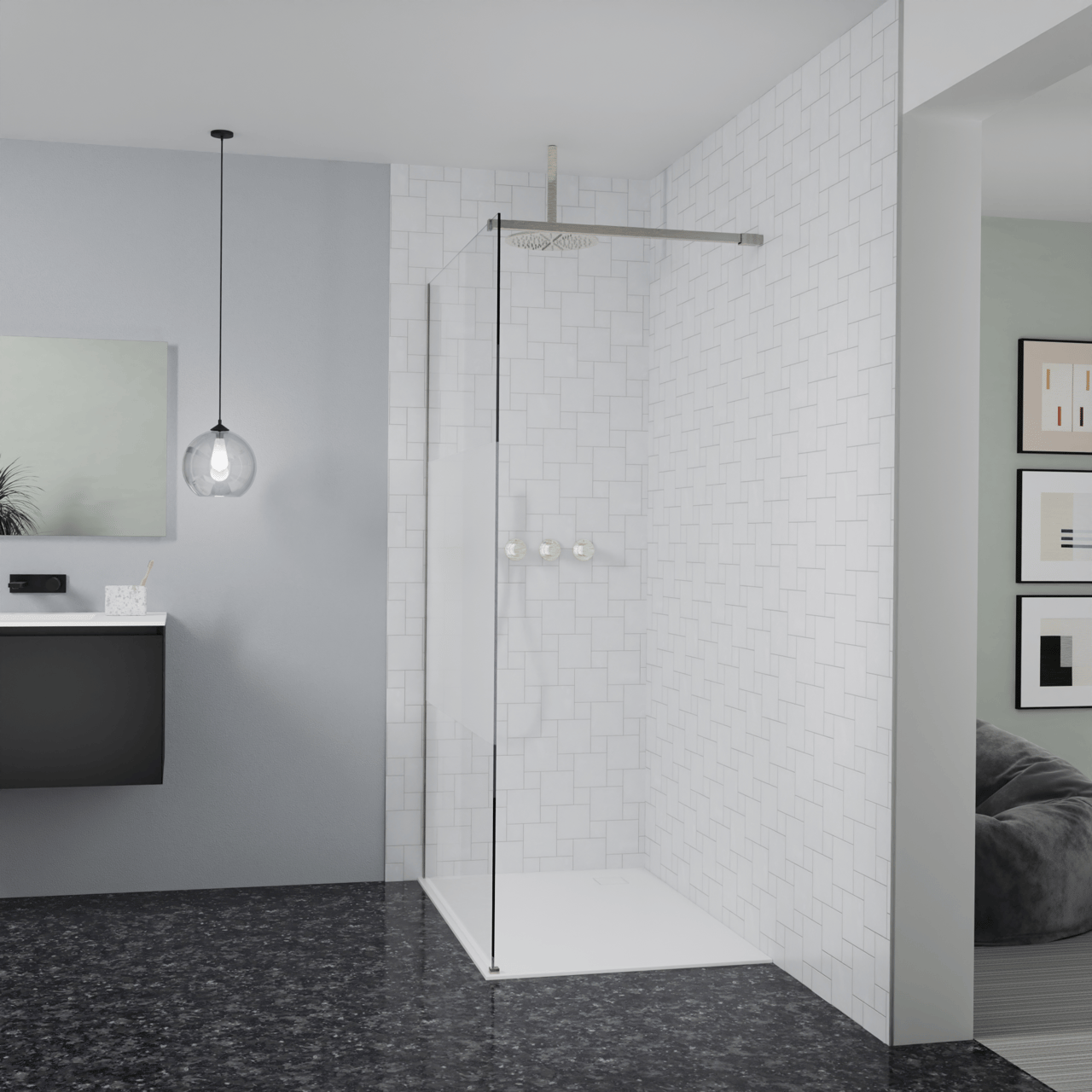 Balmani Modular douche à l'italienne: 120 x 200 cm, Verre transparent avec bande mate, Profil Brushed CoolMetal