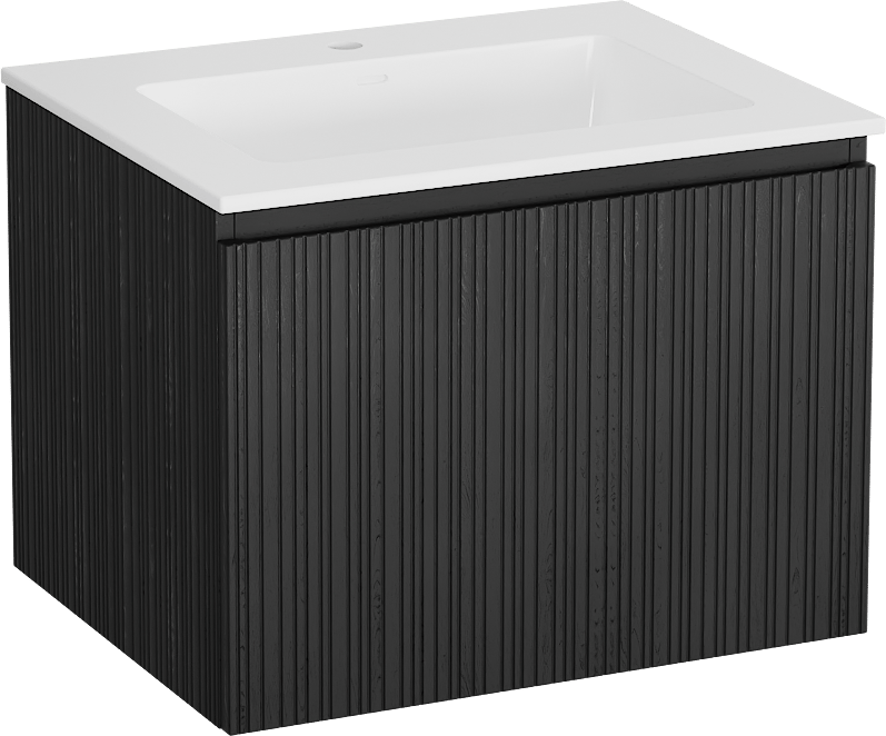 Storke Ribs zwevend badmeubel 65 x 52 cm zwart eiken met Bilia enkele wastafel in composietmarmer hoogglans wit, Verticale asymmetrische rechte ribbel