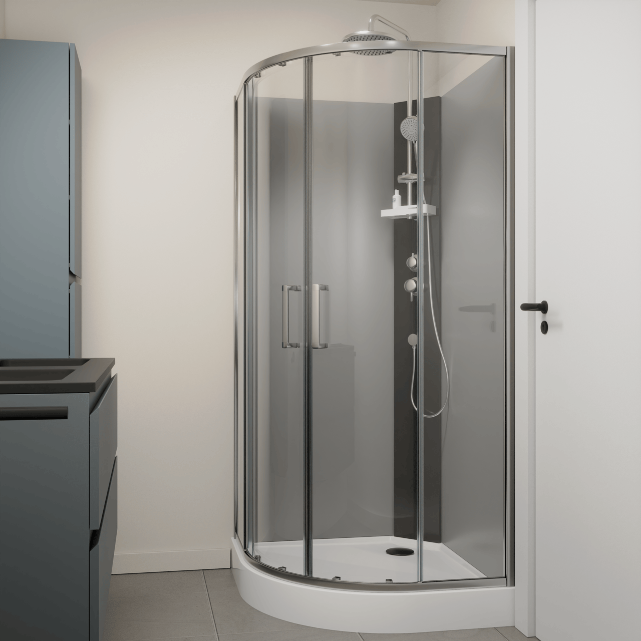 Linie Salta viertelkreisförmige Duschkabine: Schiebetür, 90 x 90 cm, Klarglas, Chrom Profil mit Armatur