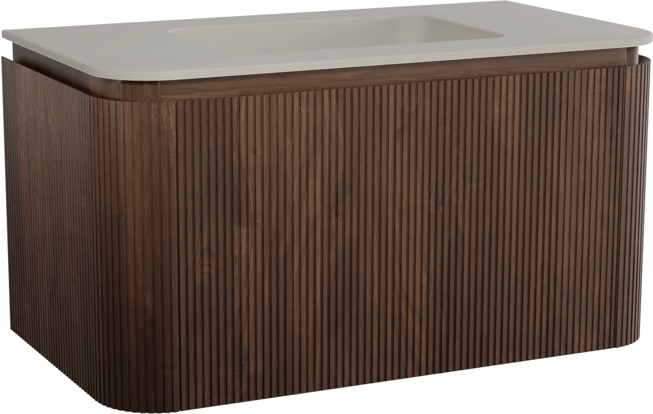 Balmani Moon zwevend badkamermeubel 100 x 55 cm amerikaanse notelaar met Moon enkele wastafel in top solid zijdegrijs, Verticale symmetrische rechte ribbel