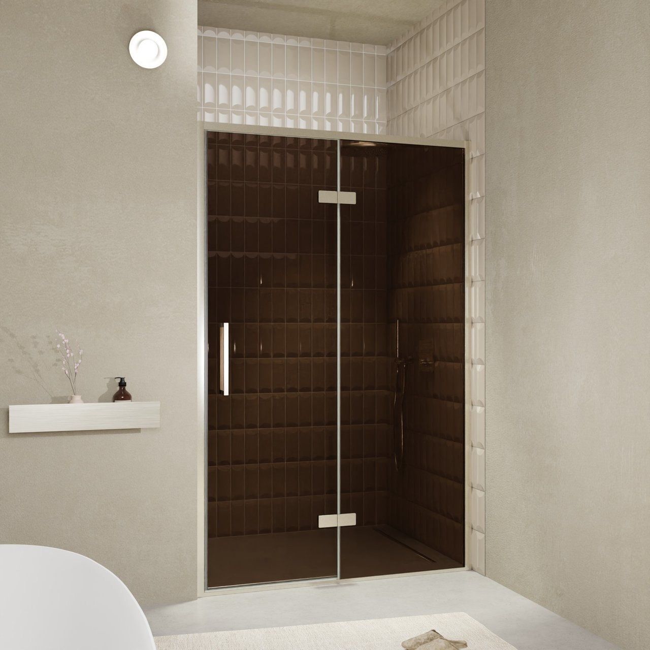 Balmani Senses Design douche draaideur rechts 140 cm x 210 cm Brons glas, Brushed CoolMetal profielen, met coating