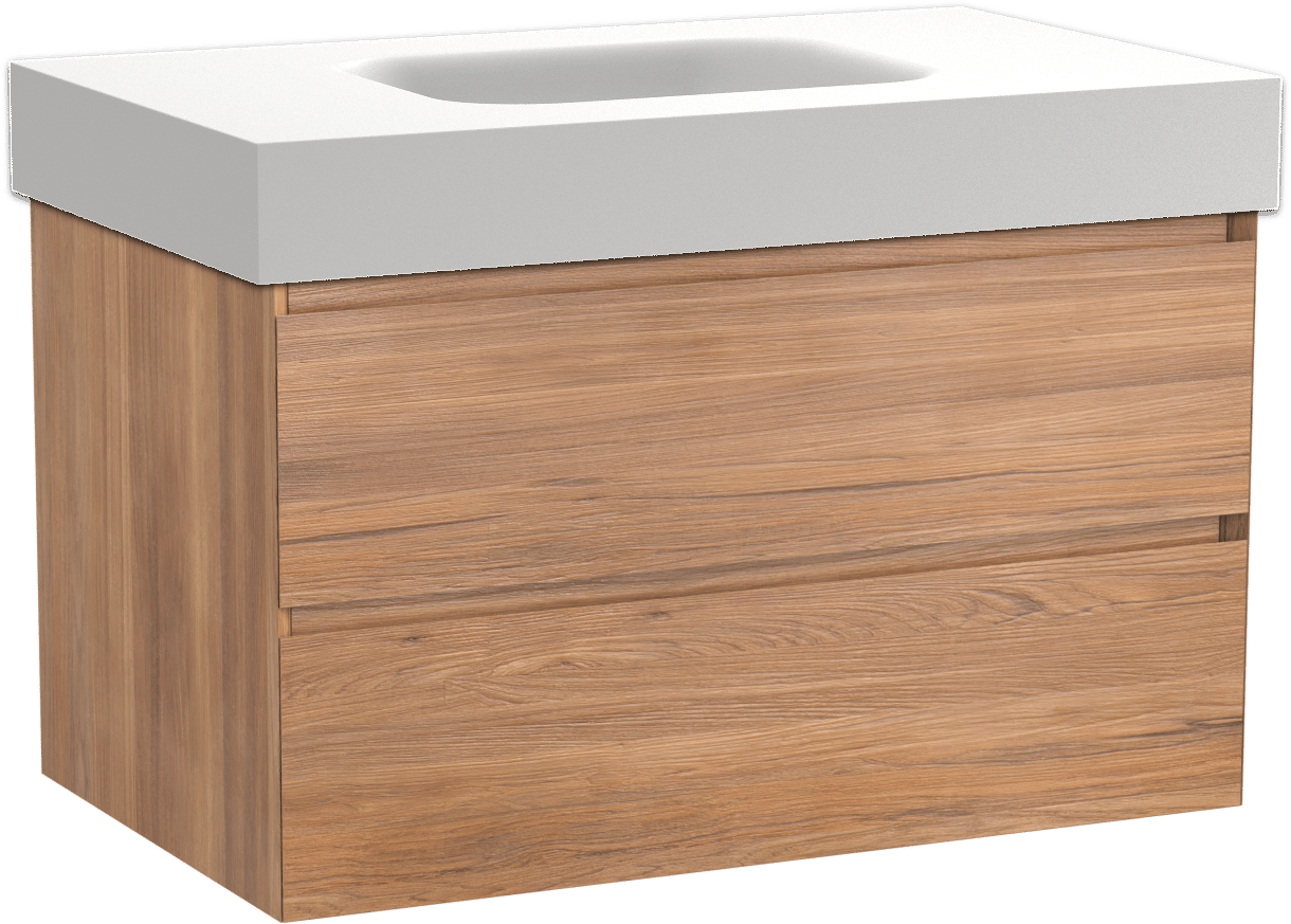 Balmani Mitra zwevend badkamermeubel 90 x 55 cm teak met Arcato enkele wastafel in solid surface mat wit