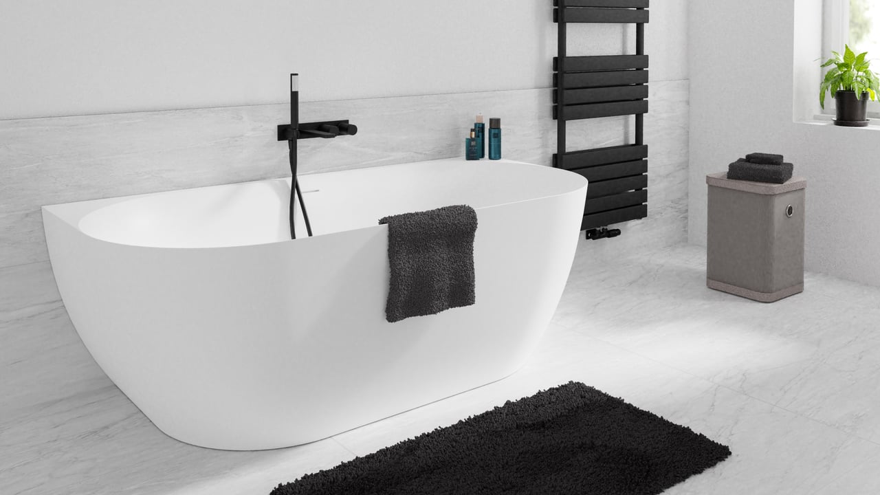 Luca Varess Otello halb freistehende Badewanne: 170 x 80 cm, Acryl, Weiß Glänzend, inklusive Ablaufventil