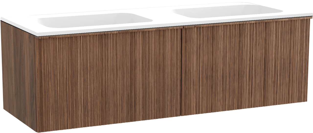 Balmani Forma zwevend badmeubel 150 x 55 cm amerikaans notenhout met Tablo Strada dubbele wastafel in composietmarmer mat wit, Verticale asymmetrische ronde ribbel
