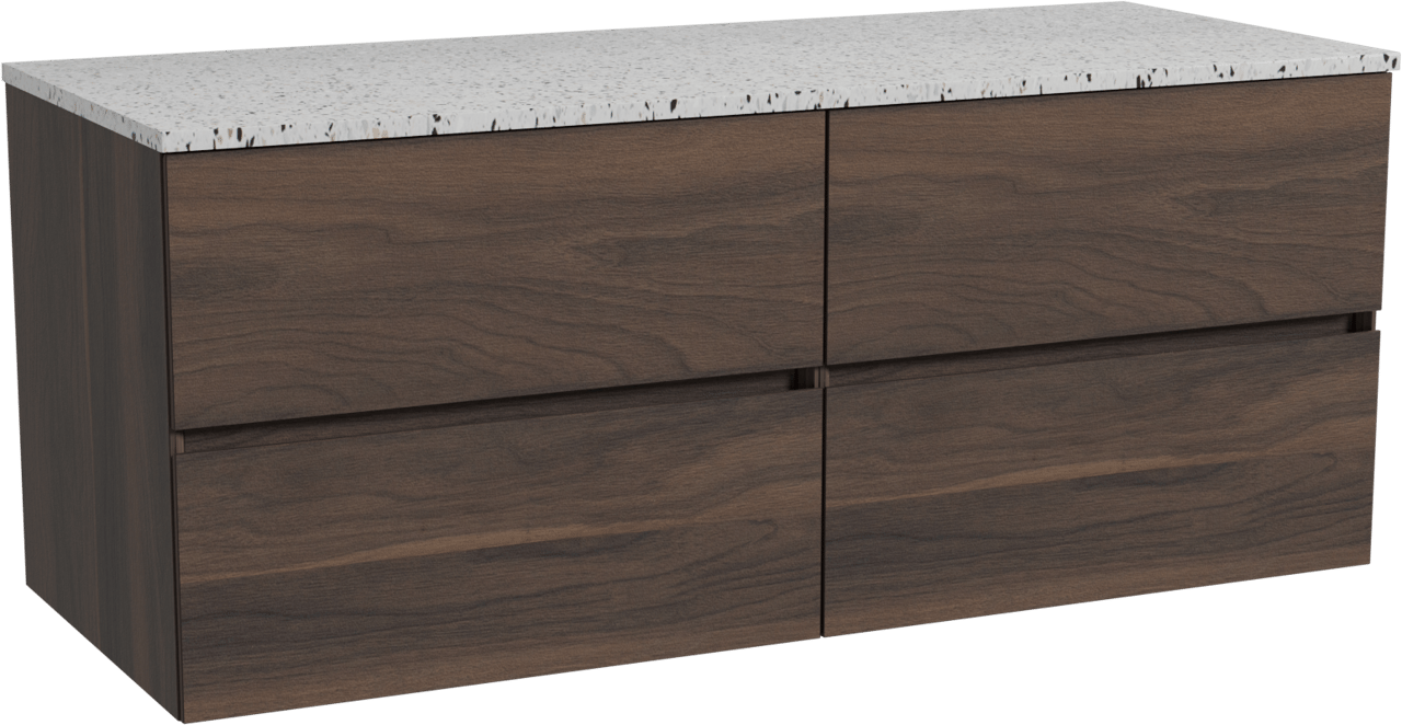 Storke Edge zwevend badmeubel 130 x 52 cm notenhout met Tavola enkel of dubbel wastafelblad in mat wit/zwart terrazzo