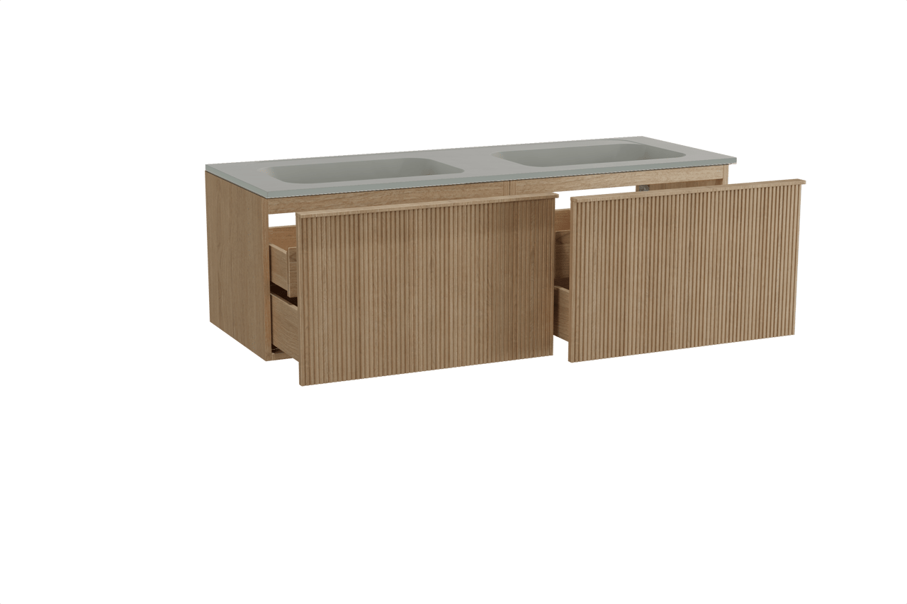 Balmani Forma zwevend badkamermeubel 150 x 55 cm natuur eik met Tablo Strada dubbele wastafel in composietmarmer zijdegrijs, Verticale symmetrische rechte ribbel