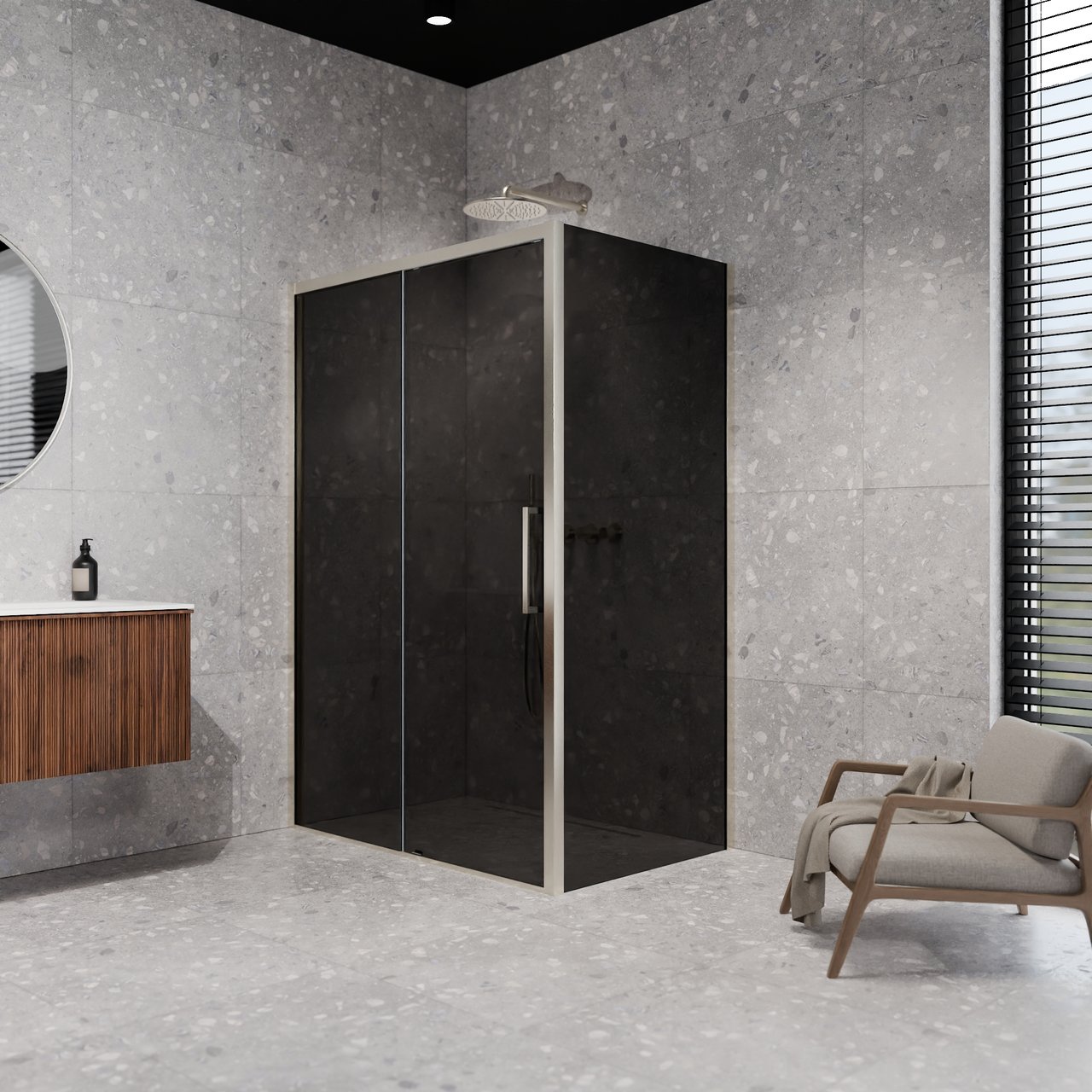 Balmani Senses Design douchehoek met linkse schuifdeur en vaste zijwand, 120 x 90 cm, Rookglas, Brushed CoolMetal profielen