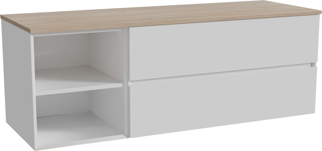 Storke Edge meuble salle de bains suspendu 150 x 52 cm blanc brillant avec Panton tablette simple ou double en mélaminé chêne brut