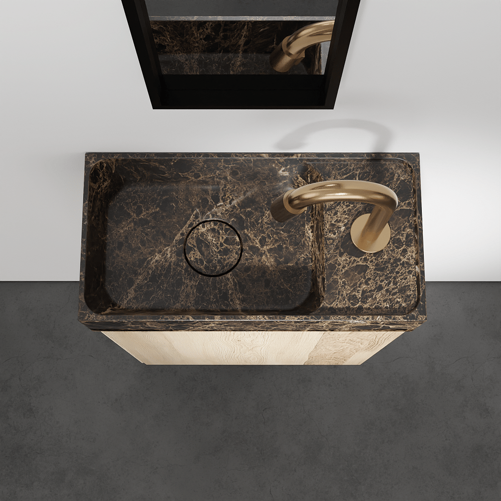 Balmani Mitra hängendes WC-Möbel-Set, 42 x 21 cm, Eiche Natur, mit Dama Waschtisch in Dark Emperador Marmor