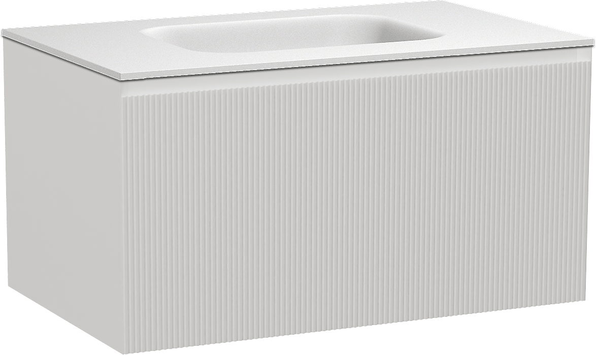 Balmani Fila by Mitra zwevend badmeubel 90 x 55 cm mat wit met Tablo Arcato enkele wastafel in solid surface mat wit, Verticale symmetrische rechte ribbel