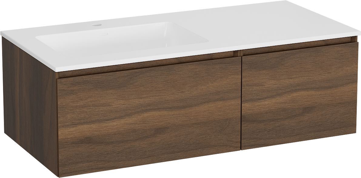 Storke Edge meuble salle de bains suspendu 110 x 52 cm noyer avec Bilia plan vasque asymétrique à gauche en marbre composite blanc brillant