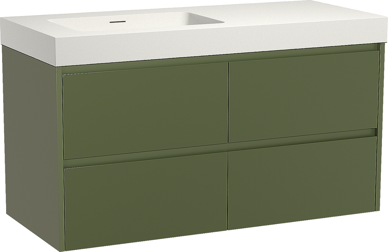 Storke Seda zwevend badkamermeubel 120 x 52 cm olijfgroen met Mata High asymmetrisch linkse wastafel in solid surface mat wit