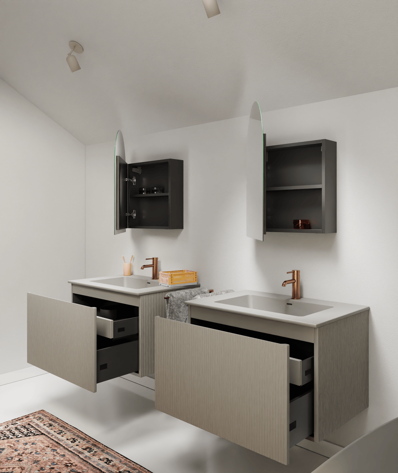 Storke Ribs meuble sous-lavabo suspendu 75 x 52 cm soie grise 2 tiroirs