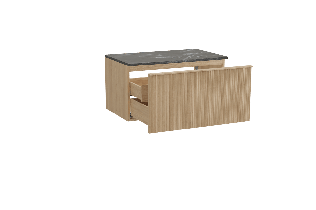 Balmani Forma meuble salle de bains suspendu 90 x 55 cm chêne naturel avec Stretto tablette simple en marbre pietra grey, Nervure circulaire asymétrique verticale