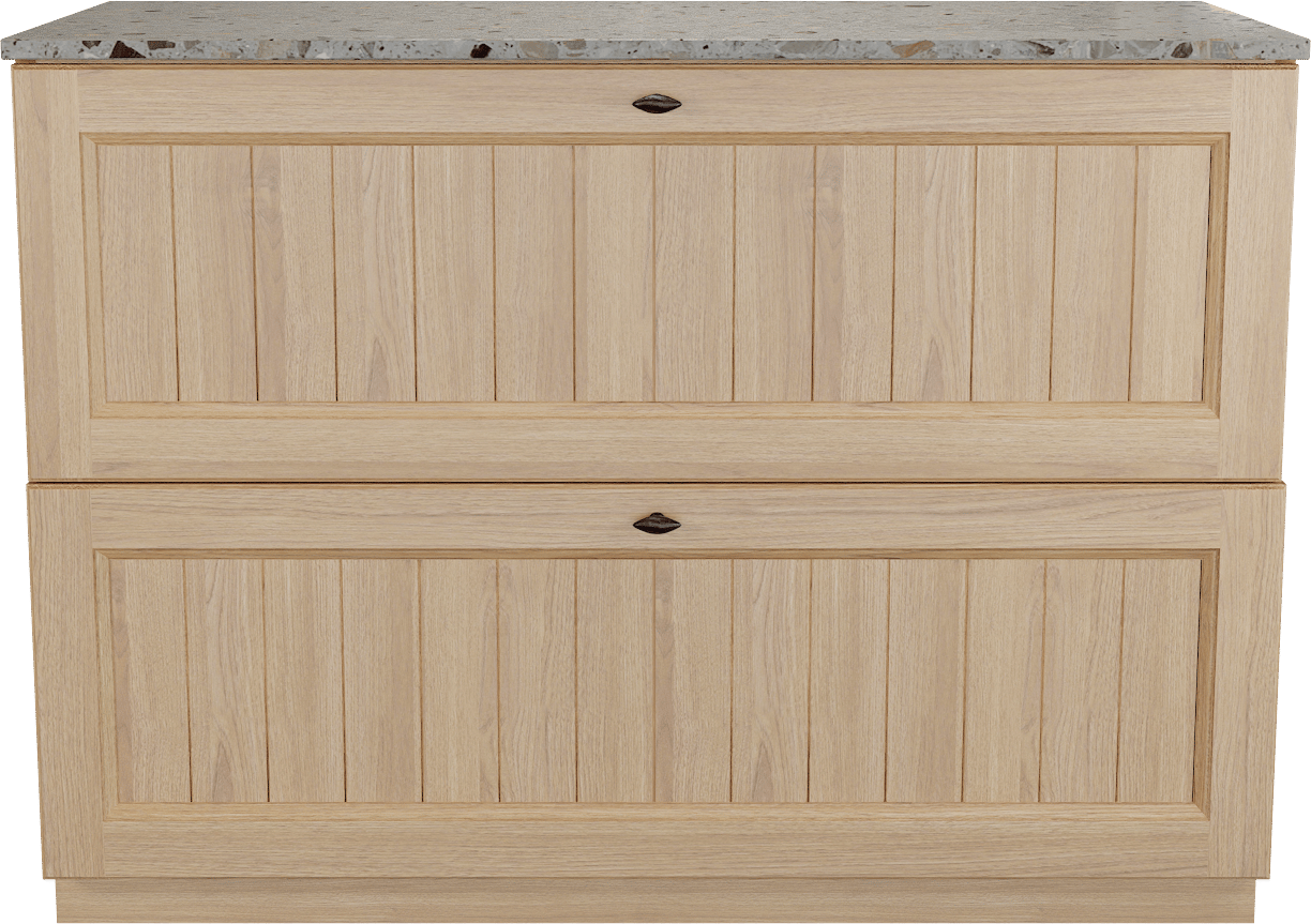 Balmani Lemon freistehendes Möbelstück Set: 120 x 55 cm, Naturbelassene Eiche Furnier, mit Stretto Einzel- oder Doppel Waschtischplatte, Terrazzo in Greige