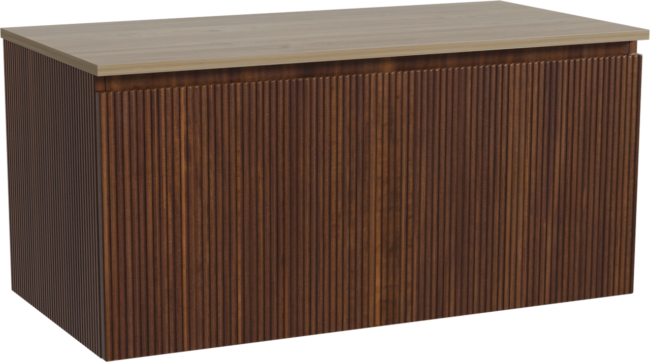 Storke Ribs zwevend badmeubel 105 x 52 cm notenhout met Panton enkel wastafelblad in melamine ruw eiken, Verticale symmetrische rechte ribbel