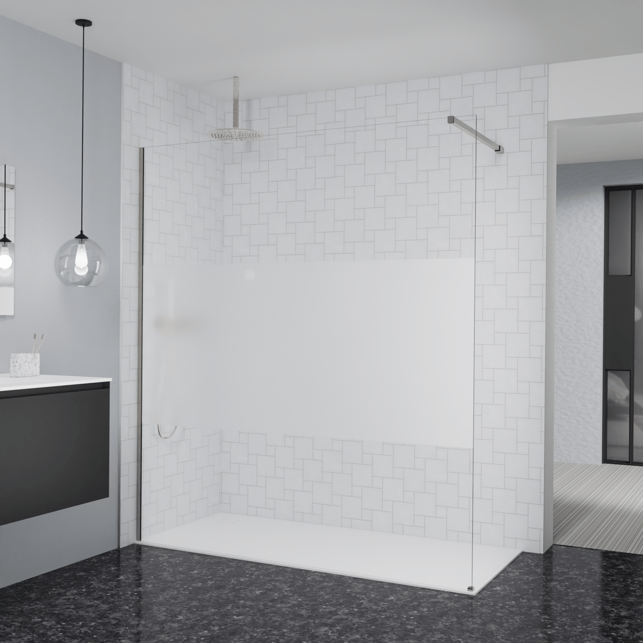 Balmani Modular douche à l'italienne: 180 x 200 cm, Verre transparent avec bande matte, avec coating, Profil Brushed CoolMetal